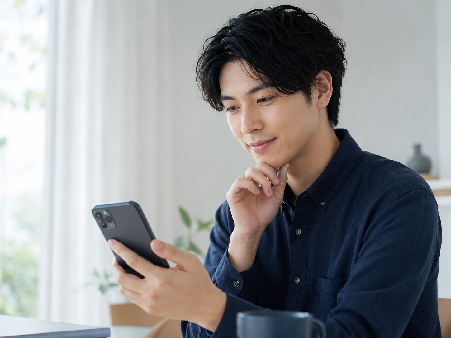 スマートフォンで発信を見ながら考える男性の様子